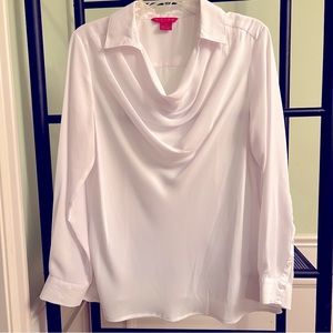 Unique petite medium sheer white blouse has both a collar and a cowl neckline